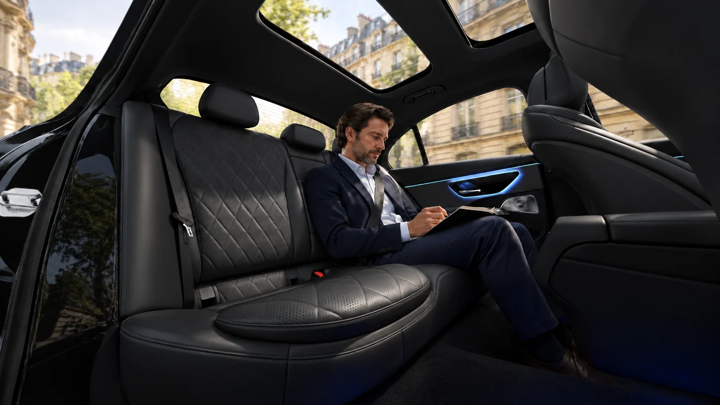 Illustrative scene of a passenger writing in a notebook in a Mercedes-Benz E-Class W214