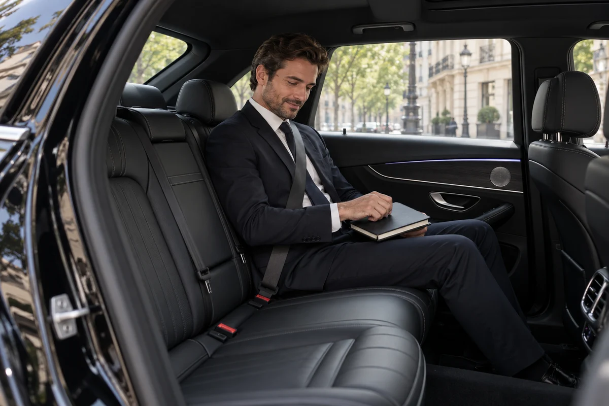 Illustrative scene of a business traveller with a notebook in the black rear cabin of a Mercedes